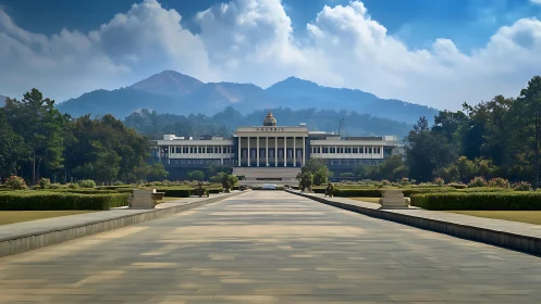 Institutional building with landscaped approach and hills behind.