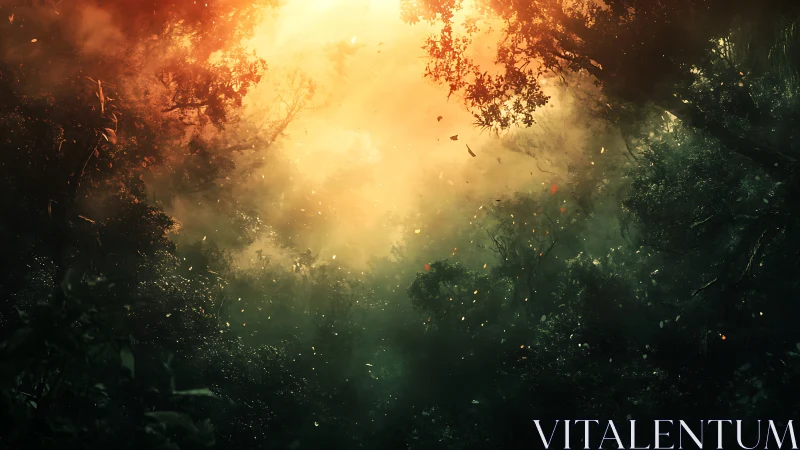 Luminous Forest Canopy with Golden Sunburst Through Autumn Foliage.