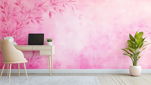 Soft pink home office blends modern workspace and calm décor.