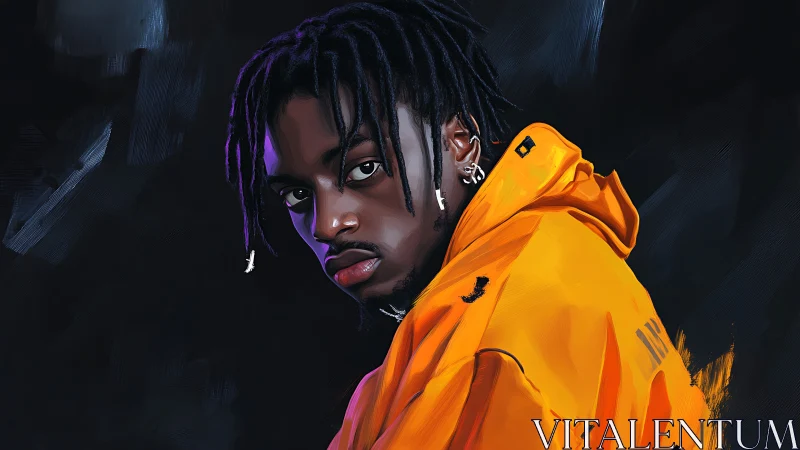 Digital portrait shows person in orange jacket on dark ground