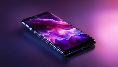Modern smartphone with abstract glowing display on purple background.