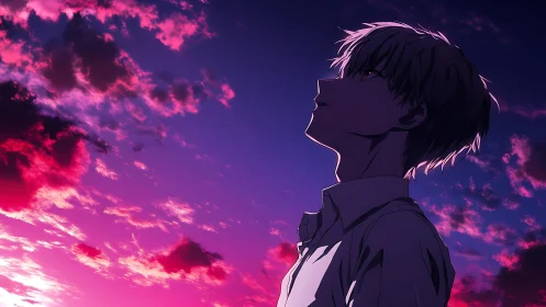 Silhouetted anime figure beneath magenta and violet sky.