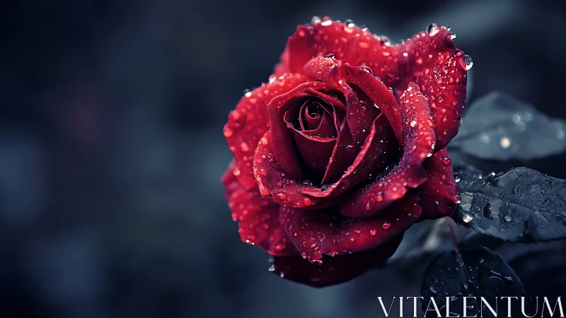 Crimson Rose Adorned with Dewdrops Against Atmospheric Blur