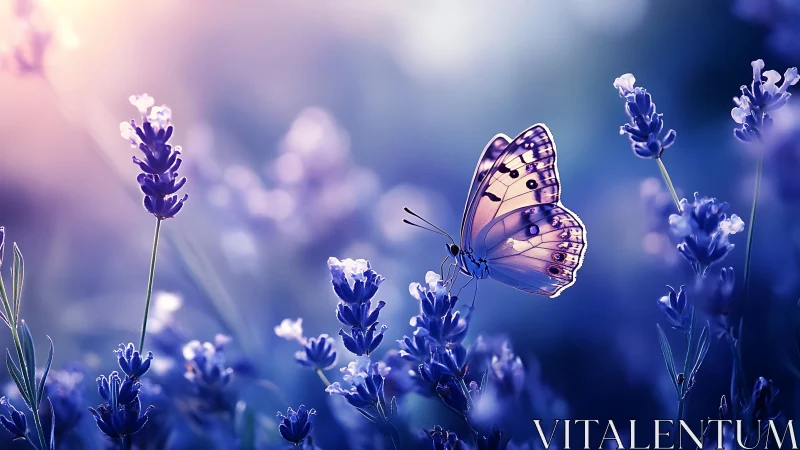Lavender meadow butterfly in cinematic bokeh light.
