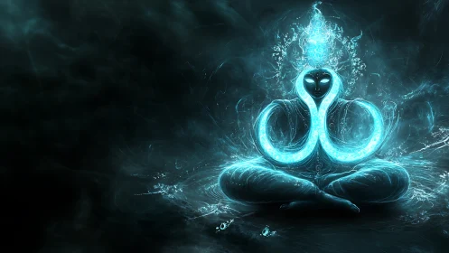 Luminous cosmic yogi bends infinity into quiet blue spirals