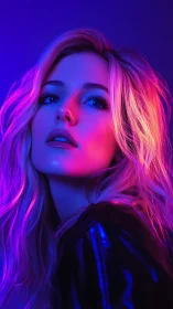 Neon-lit portrait of woman in vivid magenta and blue glow.