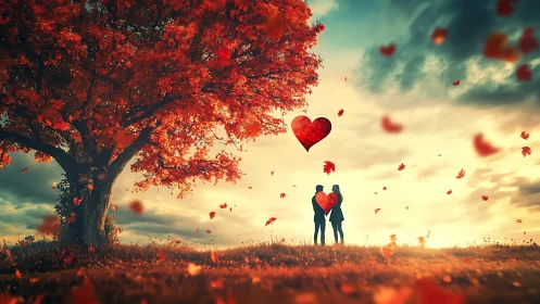 Couple beneath crimson tree holding shared heart.