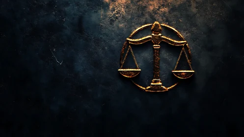 Golden justice scales icon on dark textured background.