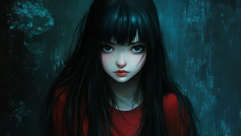 Dark-haired girl holds fearless stare in teal shadowed space