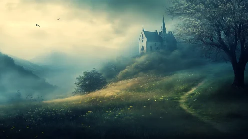 Mist-draped hilltop castle dreaming above a ghostlit path.