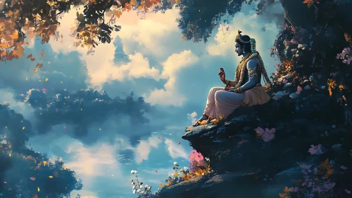Divine blue deity meditating on cliff above reflective cloud lake
