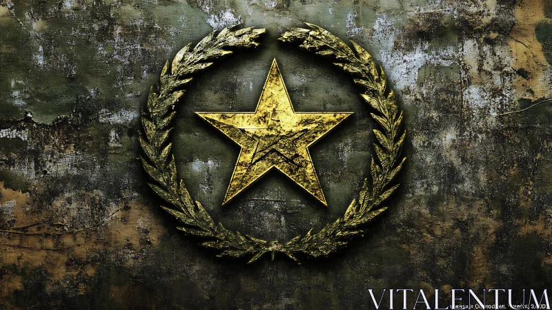 Weathered gold star emblem contrasts with corroded metal wall