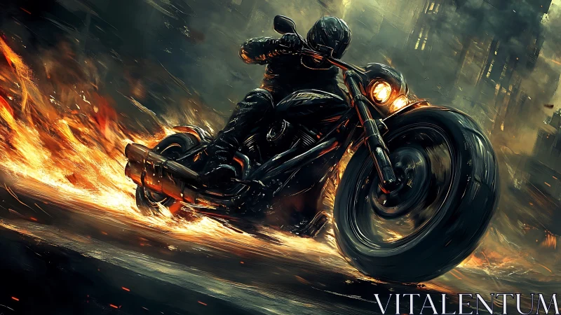 Digital painting of flaming cyber biker in dynamic low angle.