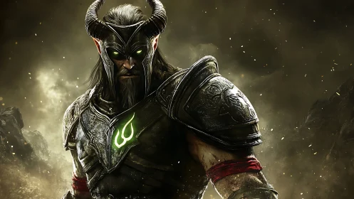 Horned armored warlord stands in stormlit volcanic wasteland
