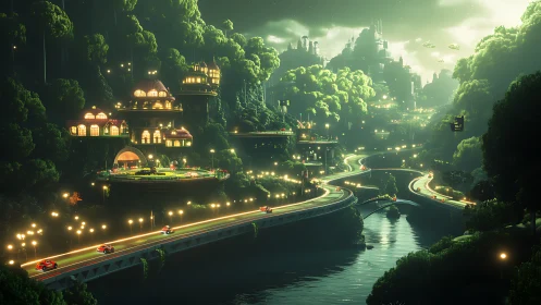 Bioluminescent eco-megacity with multilayered transit corridors.