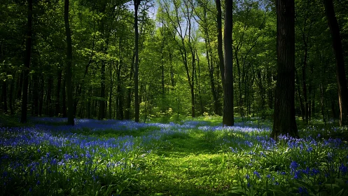 Lush green forest with bluebell flowers under dappled sunlight.