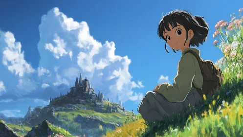 Anime hillside vista with seated girl and distant citadel composition.