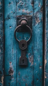 Weathered blue door with rustic iron knocker evokes mystery