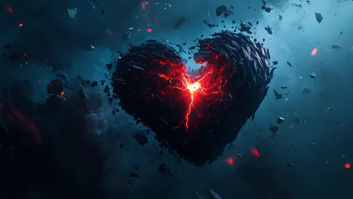 Cracked Heart with Glowing Red Fracture in Dark Space