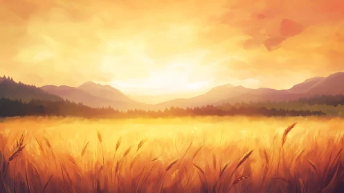 Golden wheat valley under radiant sunset glow panorama.