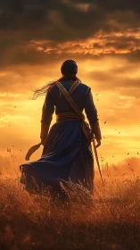 Lone warrior in blue walking softly through sunset fields.