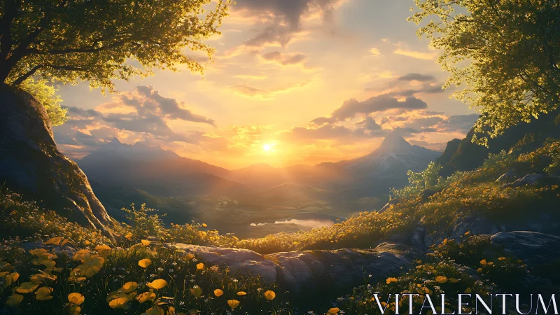 Golden sunset over mountains and wildflower valley landscape.