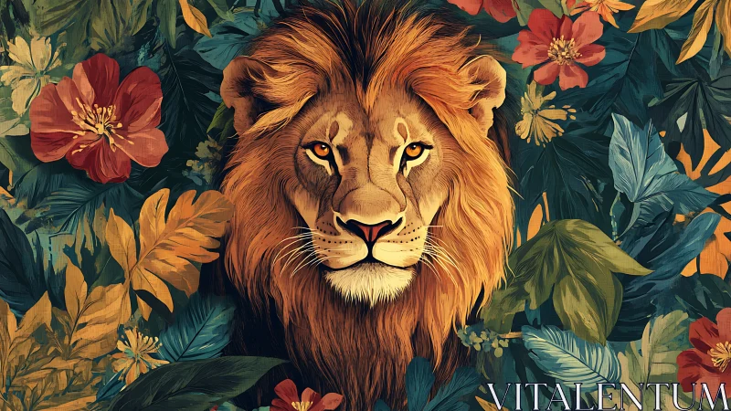 Majestic lion portrait framed by bold tropical foliage.
