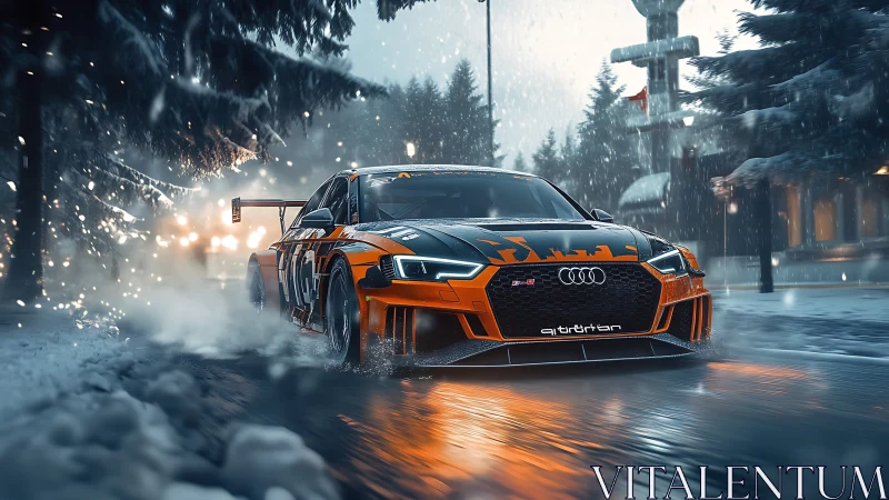 Hyperreal rally car drifts through snow with dynamic motion blur