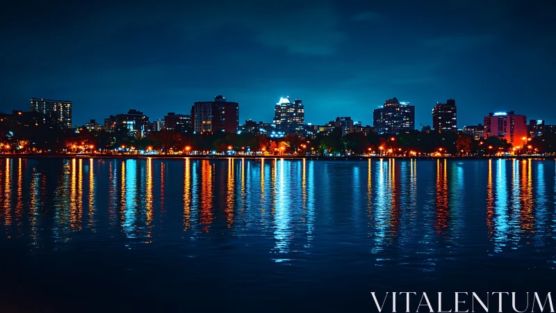 Shimmering city skyline casts colorful light across calm water