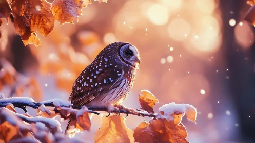 Spotted owl on snowy branch in dreamy autumn forest scene.