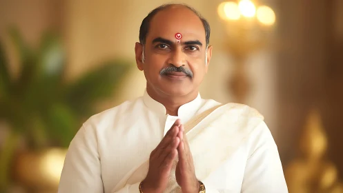 Middle‑aged Indian man in traditional attire with namaste pose.