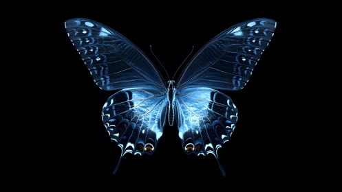Striking Blue Butterfly on Black Background in Digital Art Style.