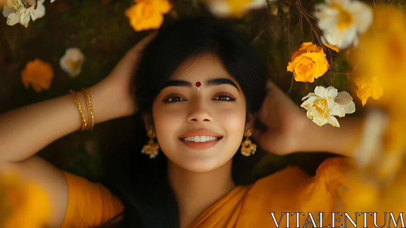 Warm-toned portrait with floral bokeh and soft optical focus.