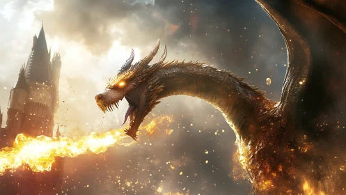 Epic fire-breathing dragon assaulting gothic fortress skyline.