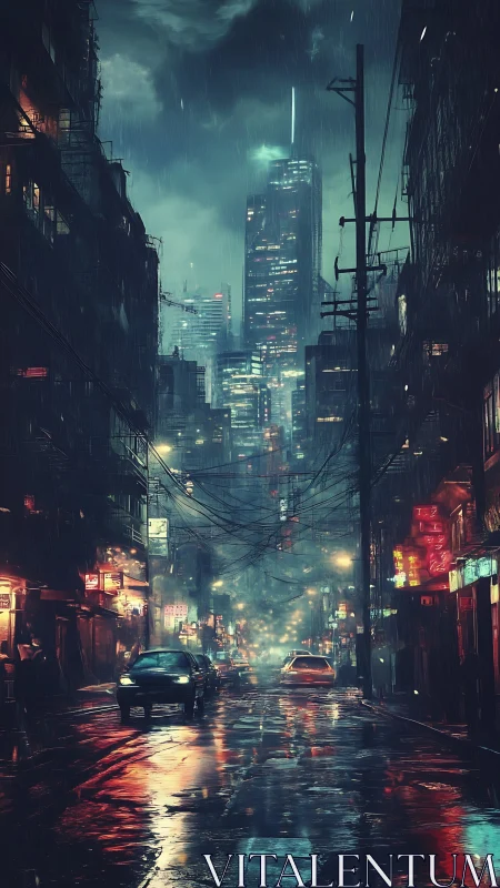 Rain-soaked cyberpunk street reflects neon city skyline