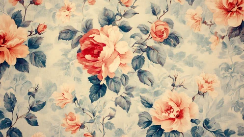 Vintage coral roses on pastel blue floral textile pattern.