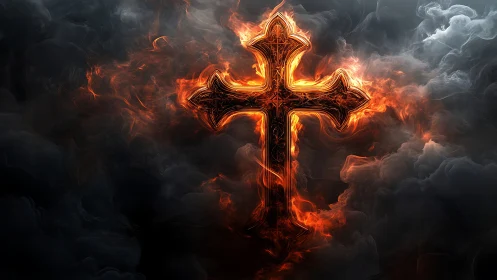 Incandescent fiery cross amid turbulent smoke-filled vortex
