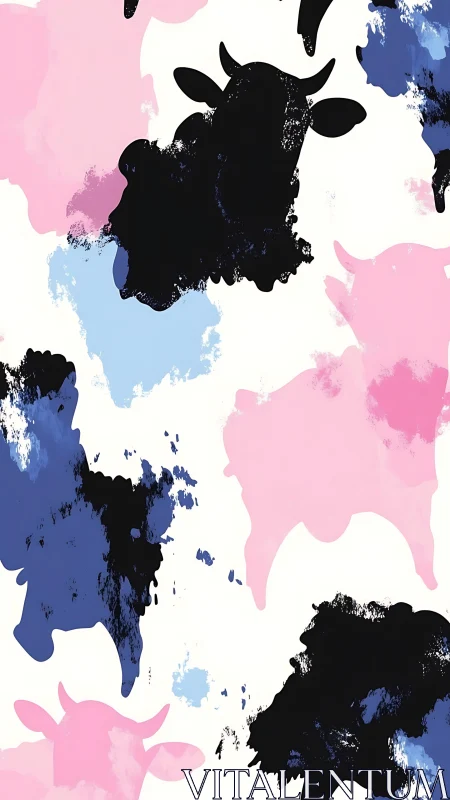 Chromatic bovine silhouettes with gestural ink dispersion.