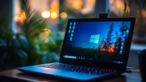 Windows laptop on desk with evening city bokeh lighting.