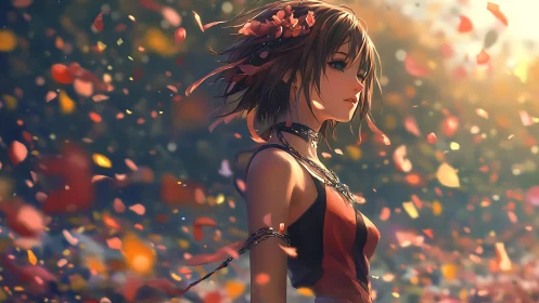 Melancholic anime heroine stands amid drifting petal bokeh