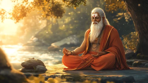 Serene sage meditates by a sunlit riverside in golden calm