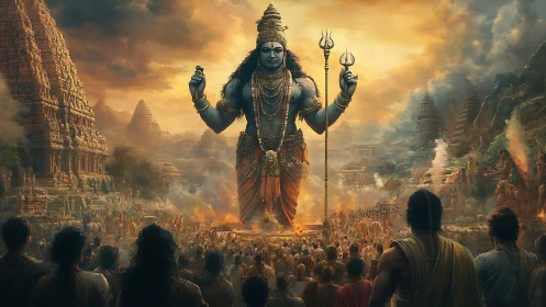 Divine blue deity towering over ancient temple cityscape.