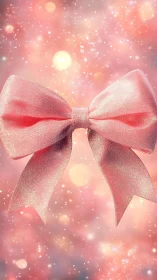 Iridescent pink ribbon bow with glitter bokeh illumination.