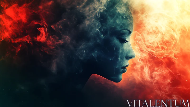 Dreamy profile in swirling red and gold cosmic smoke.