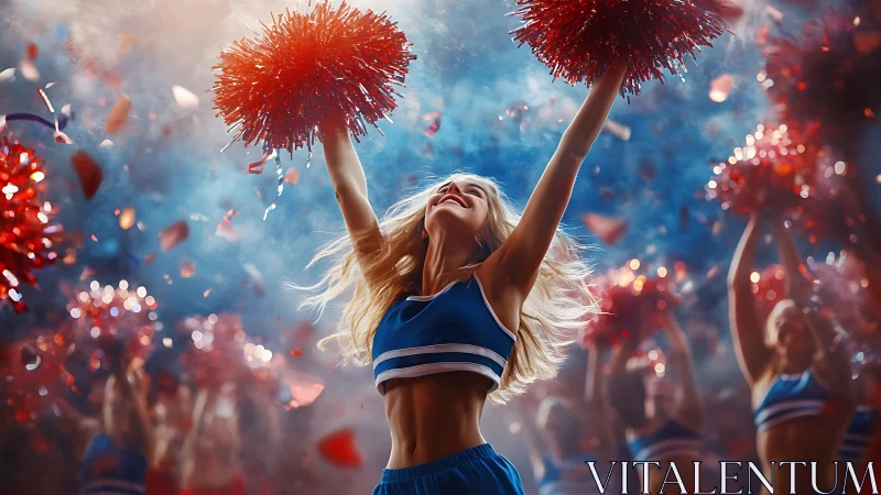 Dynamic cheerleader close-up captures explosive stadium energy