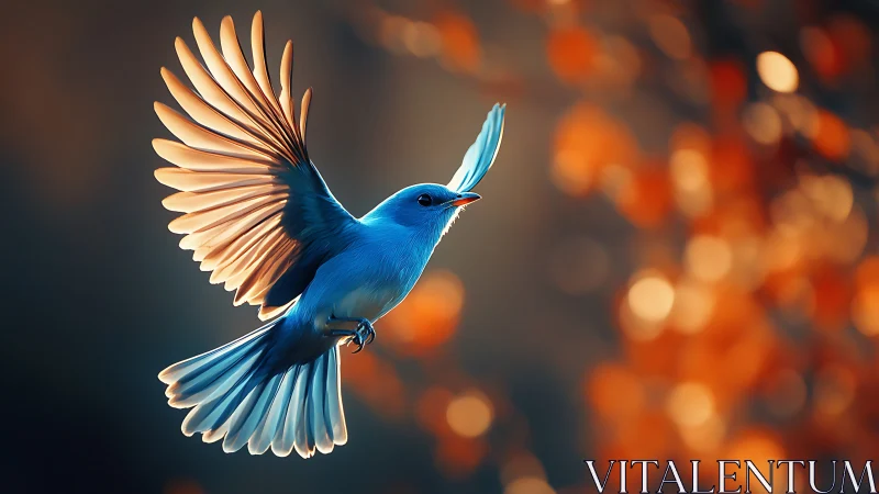 Vivid bluebird in flight with glowing wings, autumn bokeh background.