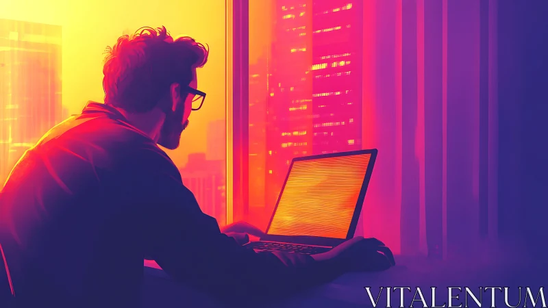 Neon-lit programmer silhouette working at glowing laptop.