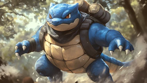 Blastoise charging through forest in dynamic digital style.