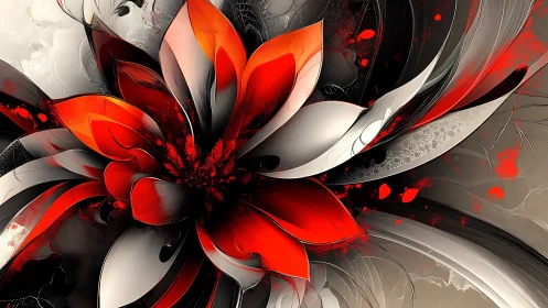 Abstract red flower explodes across metallic curved petals