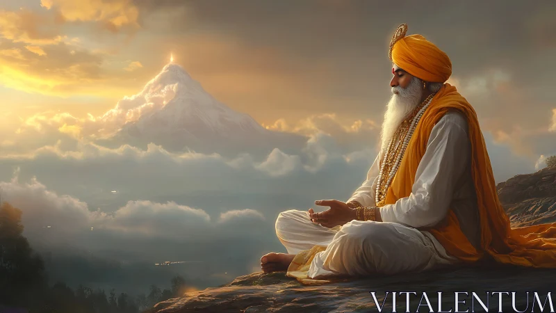 Meditating elder in orange turban overlooks sunlit alpine peak
